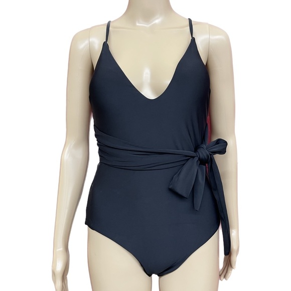 Black One Piece Cross Back Tie Waist Swimsuit Size Small - Picture 2 of 5